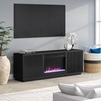 Henn&Hart Fluted TV Stand for TVs up to 75" with 26" Electric Crystal Rocks Fireplace and Ribbed Side Storage Cabinets for Living Room, Family Room, or Office, Natural Black