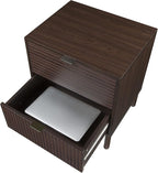 Sango Merk 2-Drawer Nightstand, Modern Walnut Bedside Table with Cylindrical Wood Legs, Vertical & Horizontal Groove Patterns, Discreet Metal Finger Pulls, Smart Storage for Office or Living Room