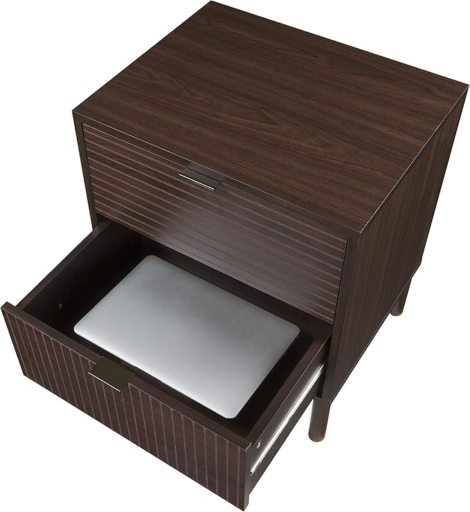 Sango Merk 2-Drawer Nightstand, Modern Walnut Bedside Table with Cylindrical Wood Legs, Vertical & Horizontal Groove Patterns, Discreet Metal Finger Pulls, Smart Storage for Office or Living Room