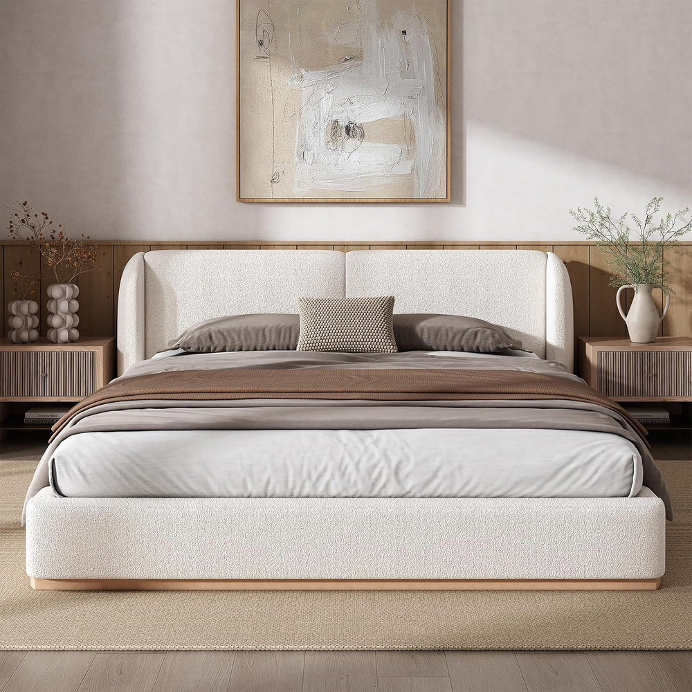 Queen Size Bed Frame, Rounded Wingback Headboard, Boucle Fabric
