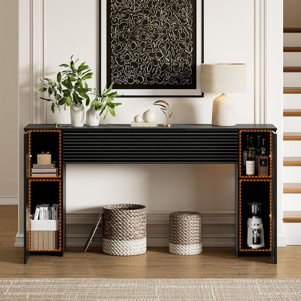 FABATO 61” Fluted Long Console Table with 2 Hidden Storage Cabinets, Black