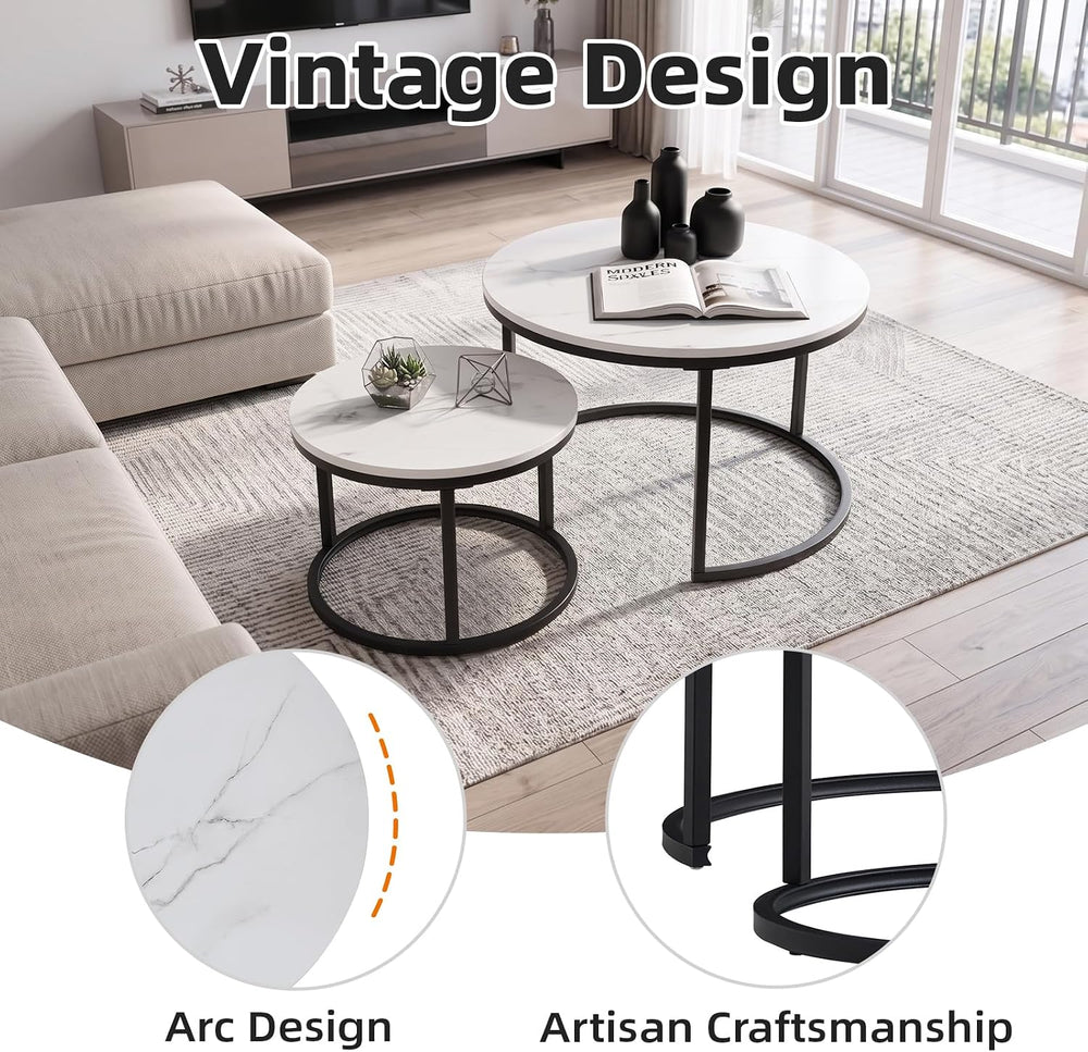 Nesting Coffee Table White Marble Pattern Wooden with Black Frame | 31.49&quo...