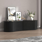 Fluted TV Stand with Storage Cabinet, 59″ Media Console with Sliding Tambour Door, Mid Century Modern Entertainment Center for Living Room, Oval Light Wood TV Stand for Bedroom, Black