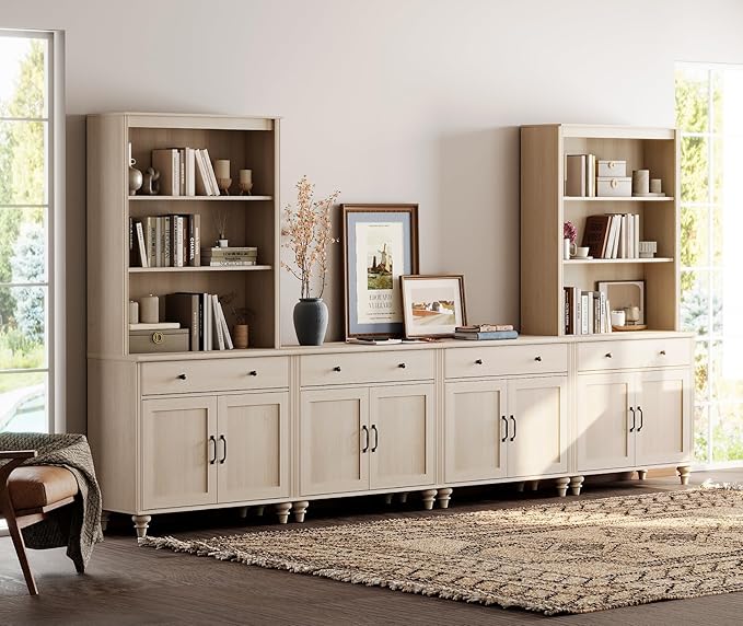 WAMPAT Entertainment Center with Bookshelves for TVs up to 75", Farmhouse Wall Unit TV Stand with 8 Doors & 4 Drawer, Media Console Table for Living Room, Bedroom & Home Theater, Beige