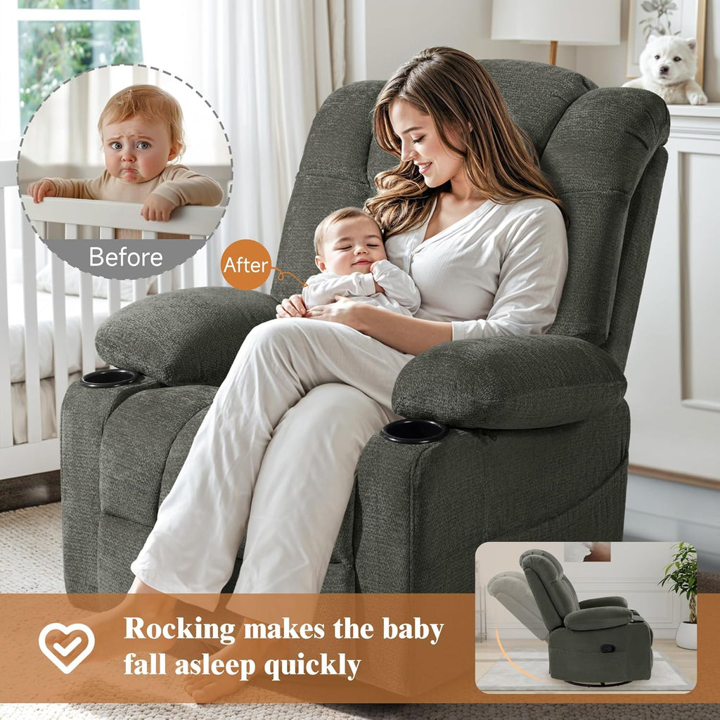Swivel Rocker Recliner Chair for Adults – Manual Glider Sofa with Massage, Heat & Vibration, 360° Rocking for Living Room or Nursery,Dark Gray