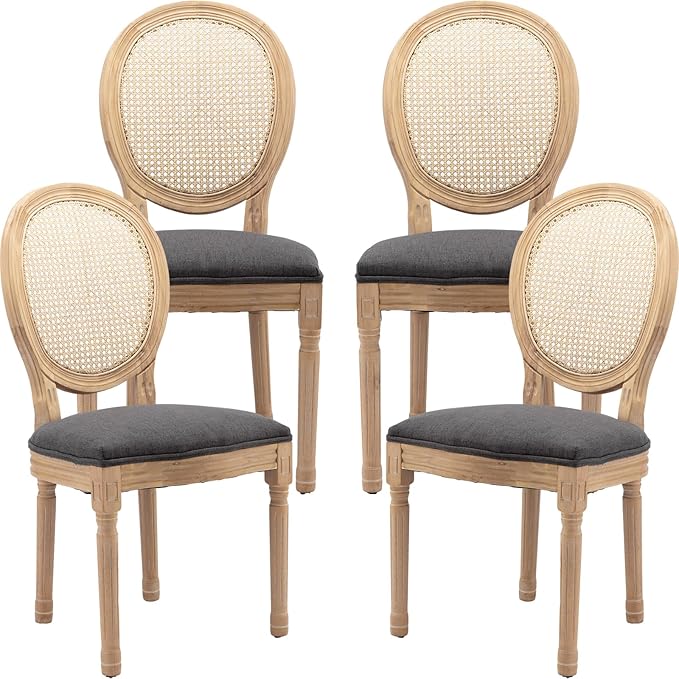French Country Dining Chairs Set of 4, Gray Kitchen & Dining Room Chairs Set of 4, Rattan Dining Chairs, Cane Back, Wood Legs, Sillas De Comedor (Rattan, Grey, 4Pcs)