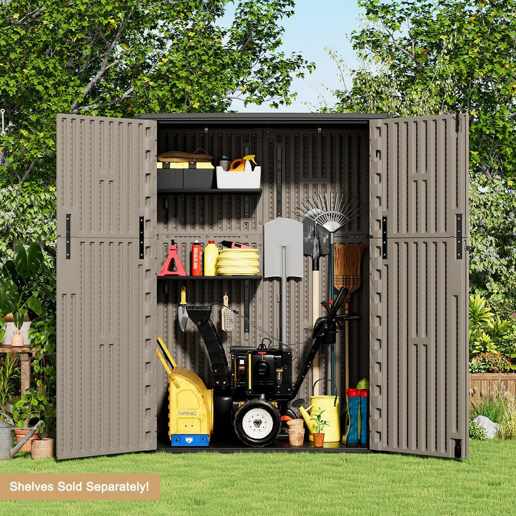 KINYING Outdoor Storage Cabinet Waterproof, 57 Cu.ft Resin Vertical Outdoor Storage Shed for Patio Furniture, Garden Tools, Pool Accessories, Mower Storage (Brown)