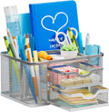 Marbrasse Mesh Desk Organizer, Pen Organizer with 2 Drawer, Multi-Functional Pencil Holder, Desk Organizers and Accessories with 5 Compartments + Drawer for Office Art Supplies (Silver)