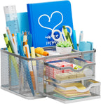 Marbrasse Mesh Desk Organizer, Pen Organizer with 2 Drawer, Multi-Functional Pencil Holder, Desk Organizers and Accessories with 5 Compartments + Drawer for Office Art Supplies (Silver)