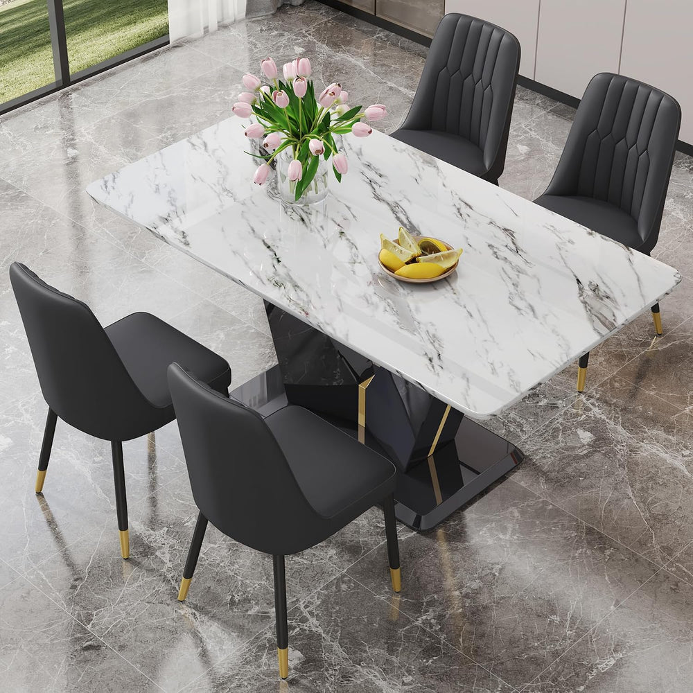 63" Modern Dining Table Set for 4, White Marble Dining Table with MDF Ba...