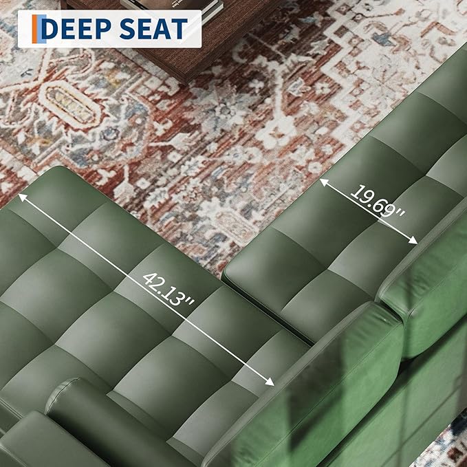GarveeHome 88.9" L-Shape Sofa&Couch with Convertible Chaise, Sectional Sofa with Deep Seat, Modern Mid-Century Sofa for Living Room, 3 Seat Comfy Leather Couch, Green
