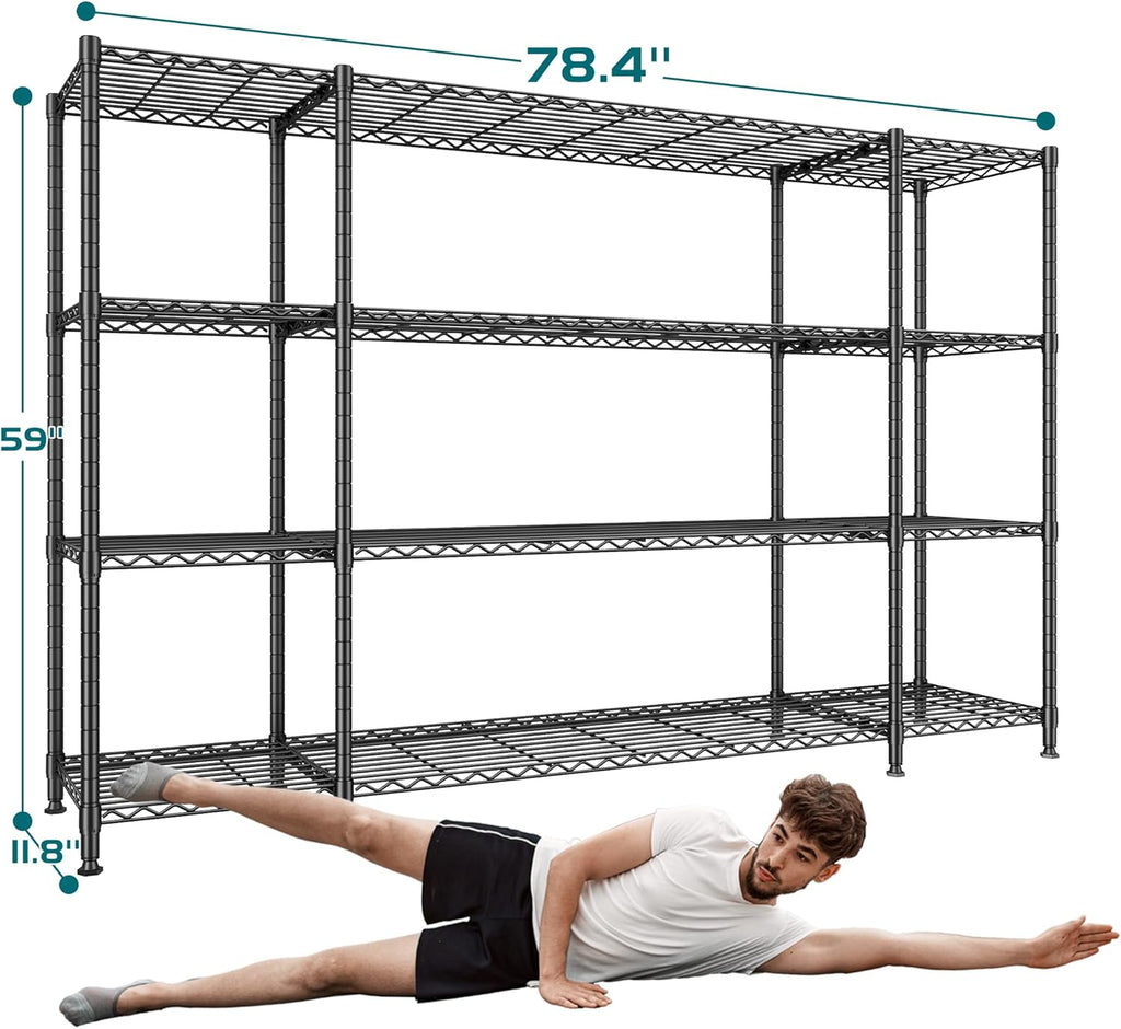 REIBII 78.4''W Garage Shelving Wire Shelving Unit Load 1500LBS,4 Tier Metal Shelving with Adjustable Metal Shelf Storage Shelves for Pantry Shelves Commercial Shelf Kitchen Garage 11.8''Dx59''H