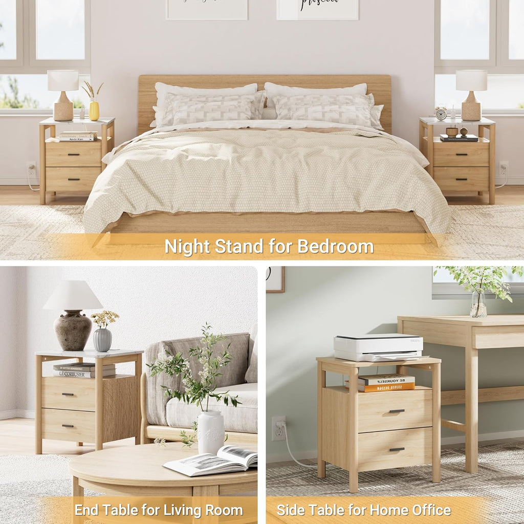 Night Stand with Charging Station, 20" Large Modern Nightstand with Faux Marble Top, 2 Drawers End Table with Solid Round Post Legs & Open Shelf for Bedroom, Natural Oak