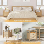 Night Stand with Charging Station, 20" Large Modern Nightstand with Faux Marble Top, 2 Drawers End Table with Solid Round Post Legs & Open Shelf for Bedroom, Natural Oak