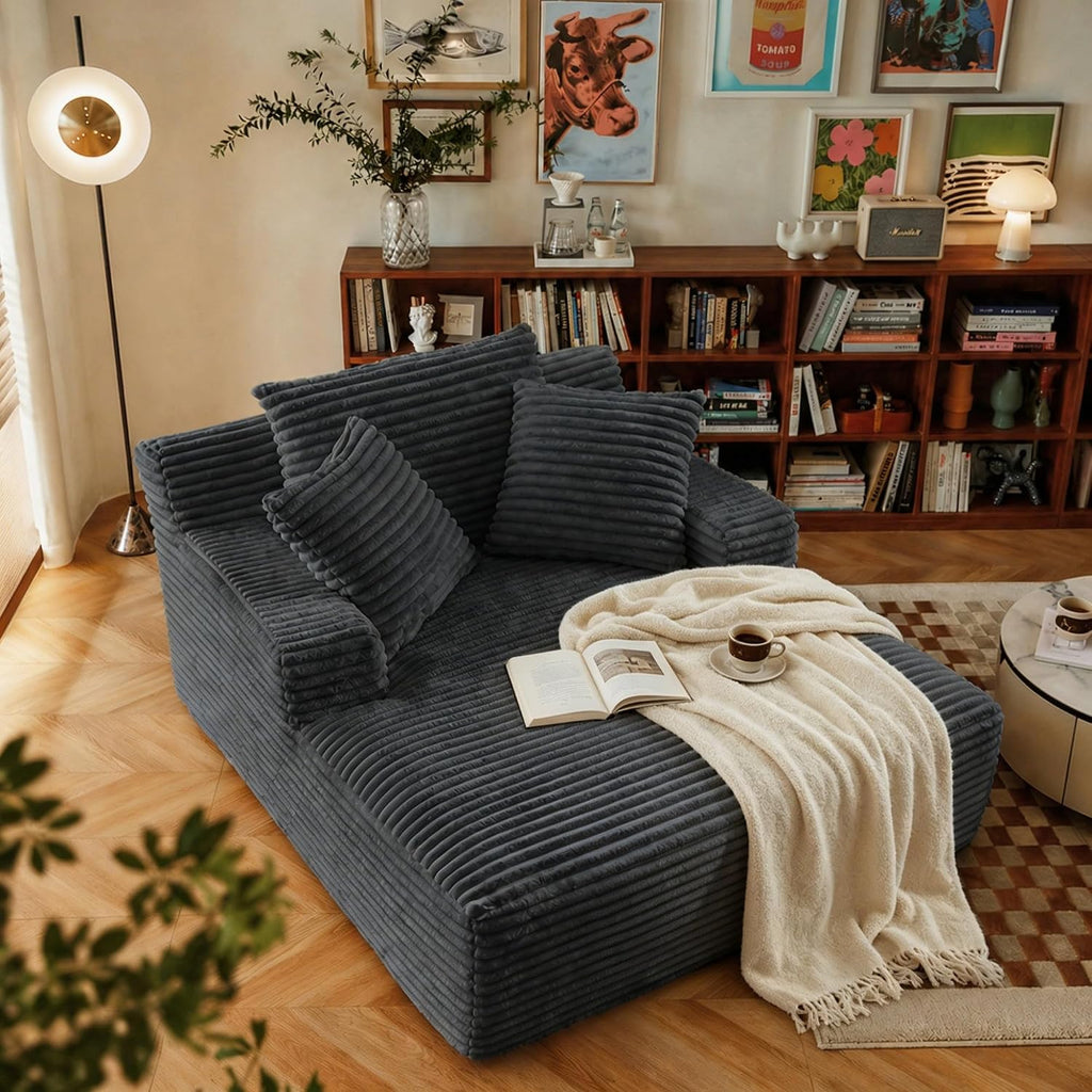67" Chaise Lounge Chair Indoor, Corduroy Upholstered Reading Chair Oversized Boneless Chair with Deep Seat, Cloud Lounge Chair with 3 Pillows for Living Room, Bedroom, No Assembly Required