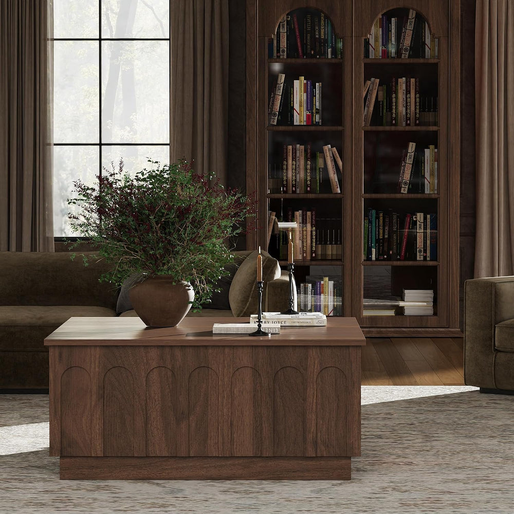 FORTUNETEC 31.5" Lift Top Coffee Table with Storage, Arched Design, Walnut