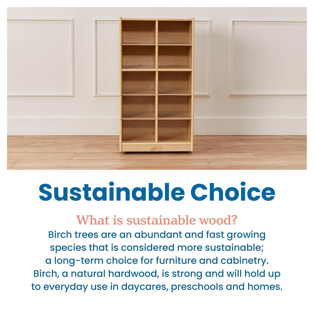 ECR4Kids 10 Cubby Tray Cabinet with Scoop Front Storage Bins, 5x2, Natural, C...