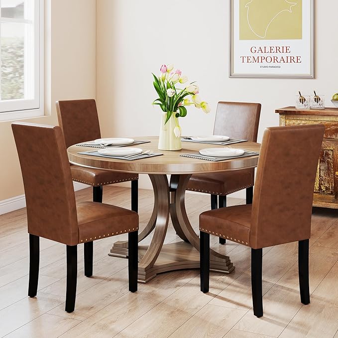 LSSBOUGHT Waterproof & Stain-Resistant Dining Chairs Set of 4, Upholstered Faux Leather Kitchen Chairs with Solid Wood Frame, 300LBS Capacity Armless Dining Room Chairs for Small Spaces, Brown