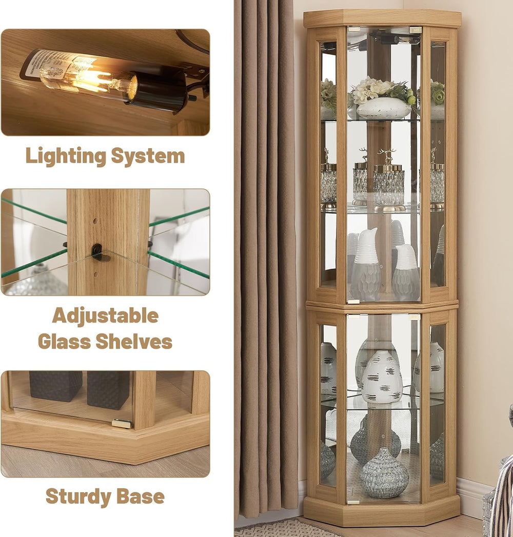 Tall Corner Cabinet with Glass Doors, Lighted Glass Display Curio Cabinet wit...