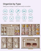 SONGMICS Jewelry Box Organizer with Glass Lid, 4-Layer Jewelry Storage, with 3 Drawers, Modern Style, Christmas Gift, 6 x 9.9 x 8.5 Inches, Gray and Gold Color UJBC161C01