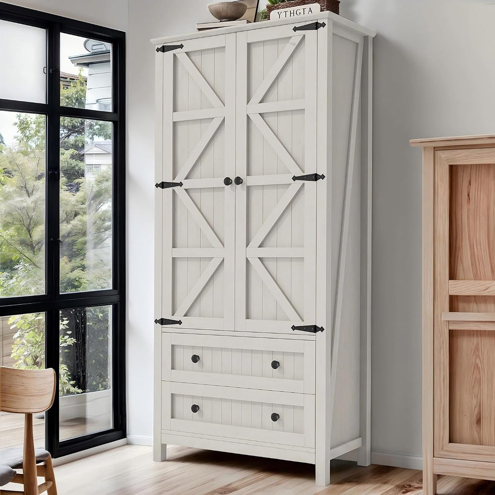 DWVO 64.5" Pantry Cabinet with Barn Doors, 2 Drawers & Shelves, Off ...
