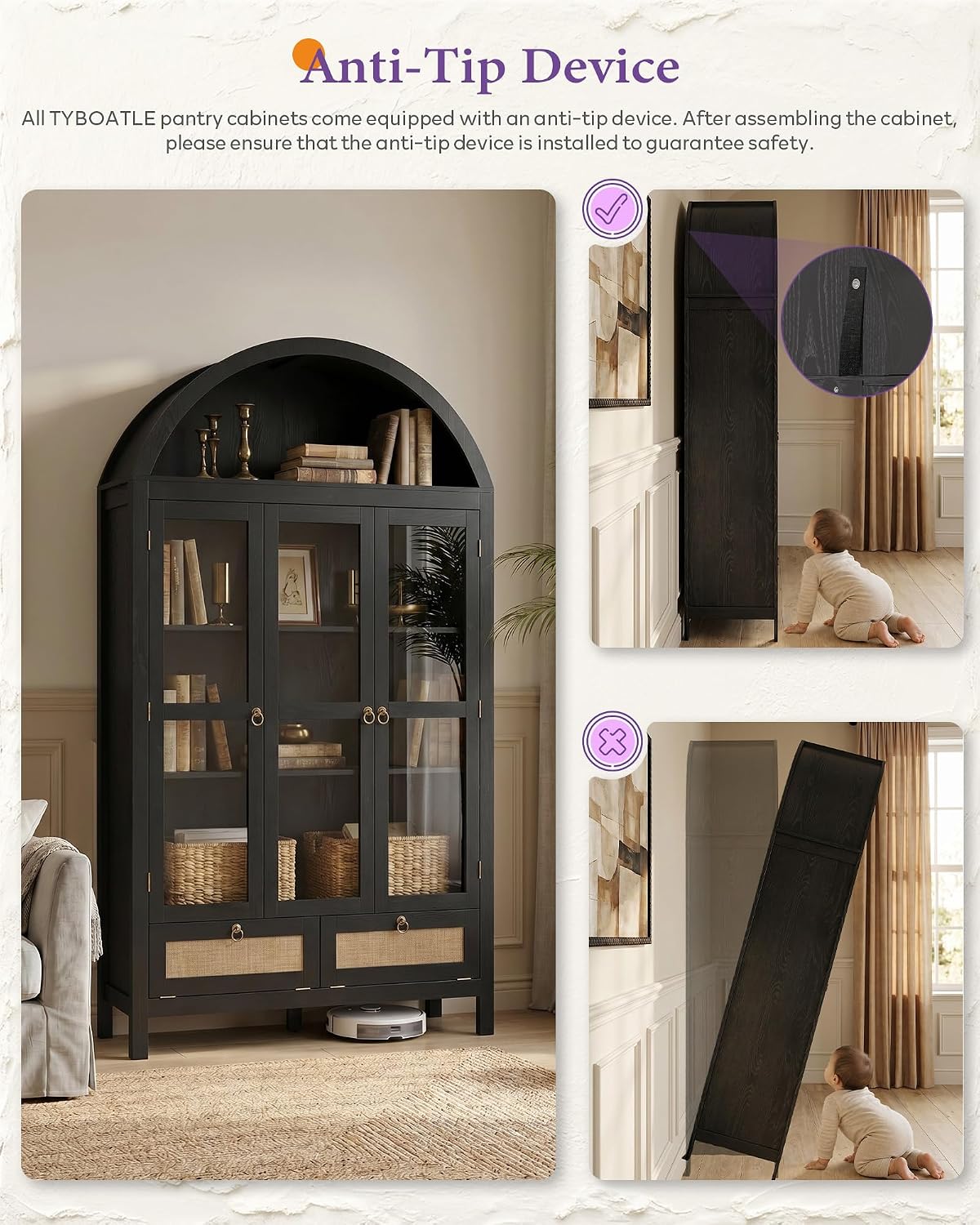 75'' Black Arched Cabinet, Arch Pantry Storage Cabinet with 3 Glass Doors | TYBOATLE, Pantry Cabinet, Farmhouse Style, Rattan Drawers, Anti-Tip Device, Kitchen, Bathroom, Dining Room, Cupboard Storage