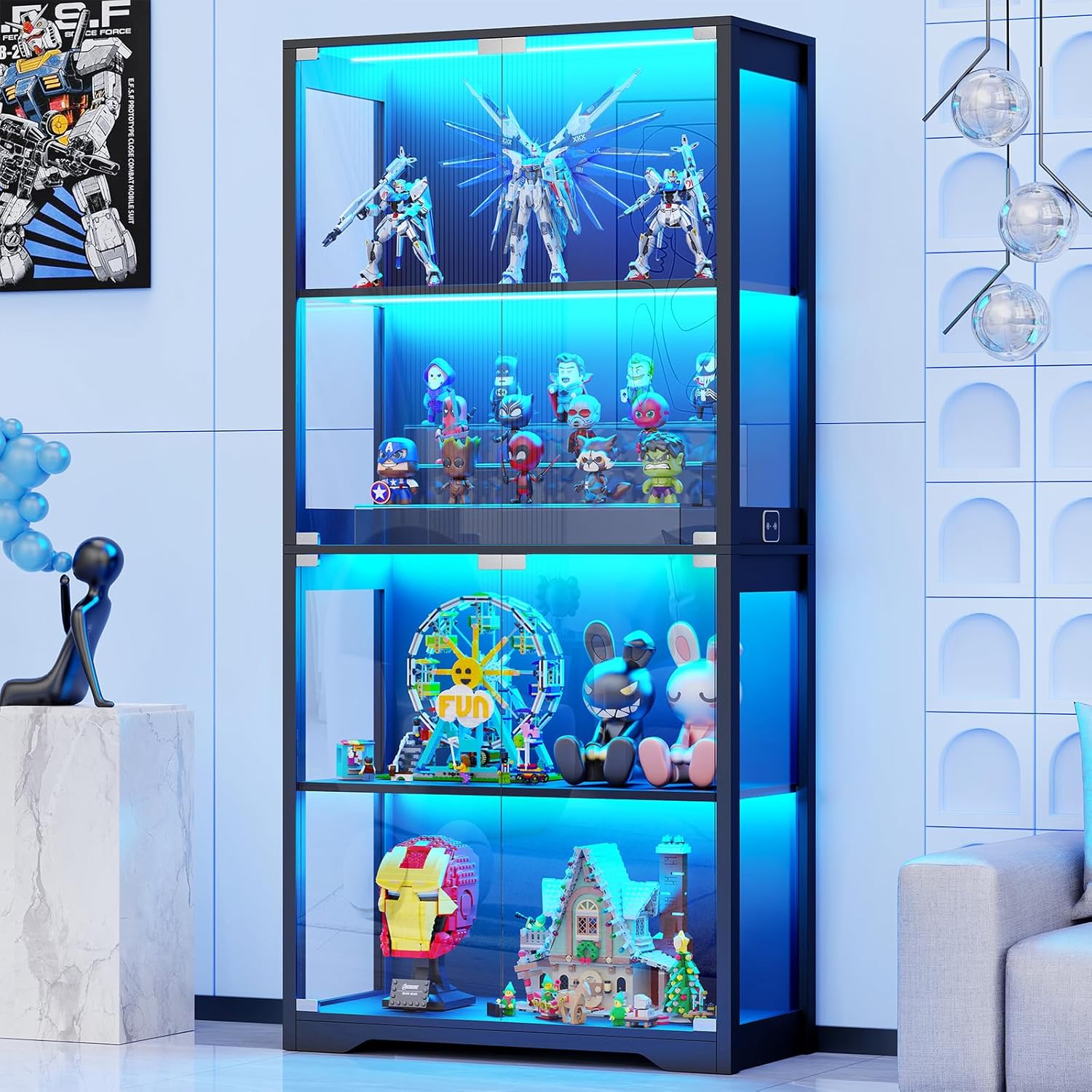 Display Cabinet with Glass Doors, 4-Tier Curio Cabinet with 3 Color Lights for Collectibles, Glass Display Case with Human Body Sensor, Bookcase with 4 Shelves, Storage Cabinets, Black