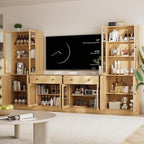 TUSY 71" TV Stand Storage Set - 2 Tall Bookcases & 2 Side Cabinets, Media Console with Glass & Wood Doors, Entertainment Center with Drawers, Tall Media Console for Living Room (Wood, AFFA)