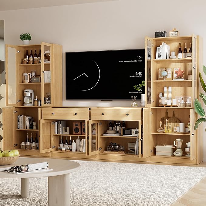 TUSY 71" TV Stand Storage Set - 2 Tall Bookcases & 2 Side Cabinets, Media Console with Glass & Wood Doors, Entertainment Center with Drawers, Tall Media Console for Living Room (Wood, AFFA)