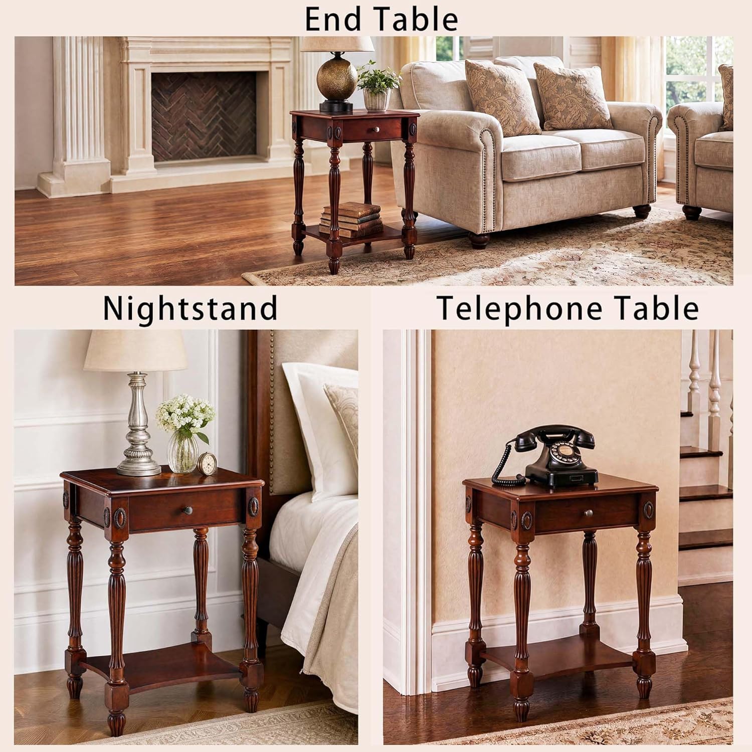 Narrow End Side Table with Drawer and Storage Shelf Set of 2, Sofa Beside Table,No-Tools Assembly Antique Wood Nightstand for Living Room,Small Space, 27.6”H x 19.7”L x 15.7”W Cherry Walnut GBJ1533WD
