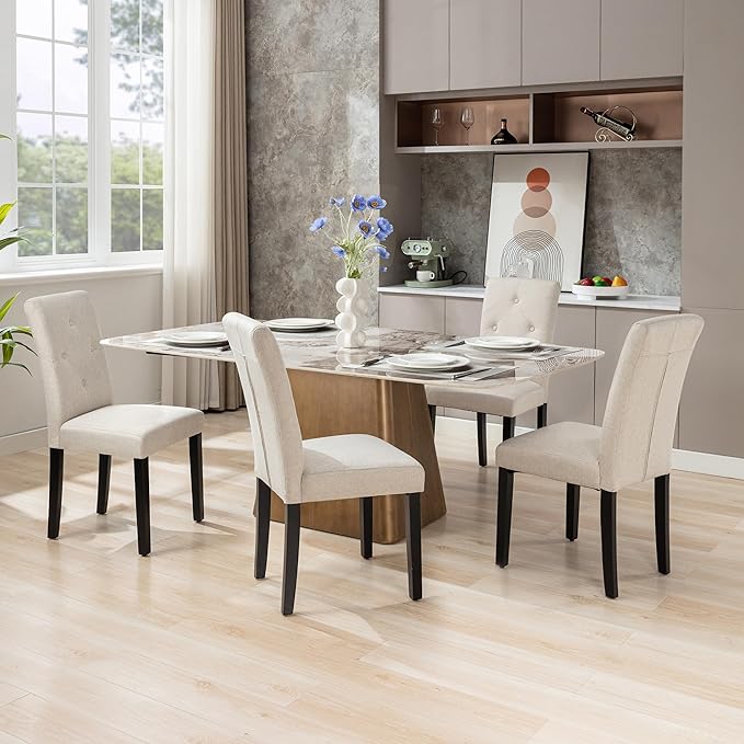 VECELO Upholstered Dining Chairs Set of 4, Modern Fabric and Solid Wood Legs & High Back for Kitchen/Living Room- Beige