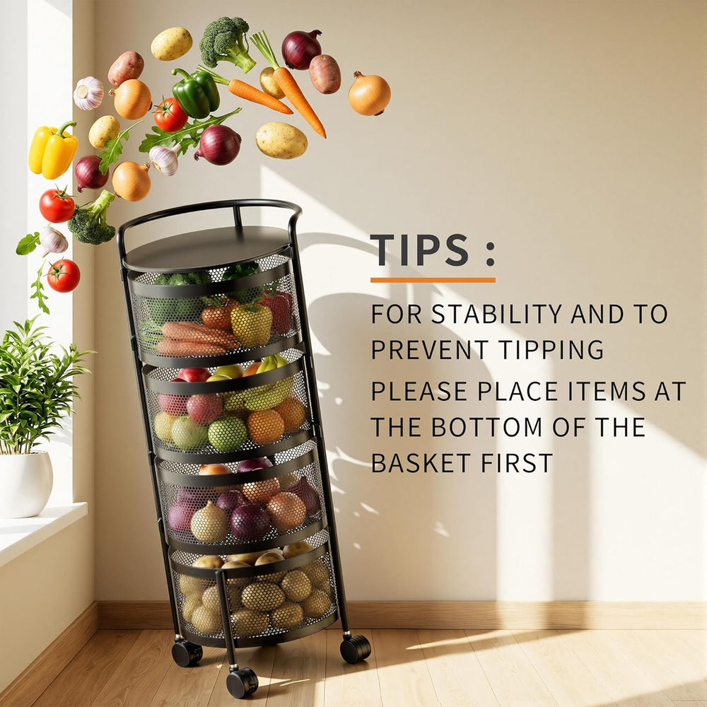 JAQ No Assembly Kitchen Storage Cart with Wheels, 4-Tier Rotating Vegetable &...