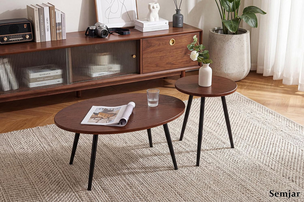 2 Pcs Small Oval Coffee Table,31.5" Retro Walnut Coffee Tables Nesting T...