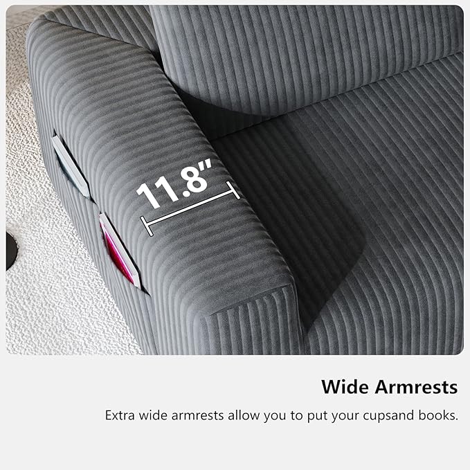 108" Cloud Couch Modular Sectional Sofa for Living Room,L Shaped Boneless Couch with Deep Seat Chaise,No Assembly Required Foam Sleeper Sofa for Apartments,Plush Corduroy Fabric, Dark Gray