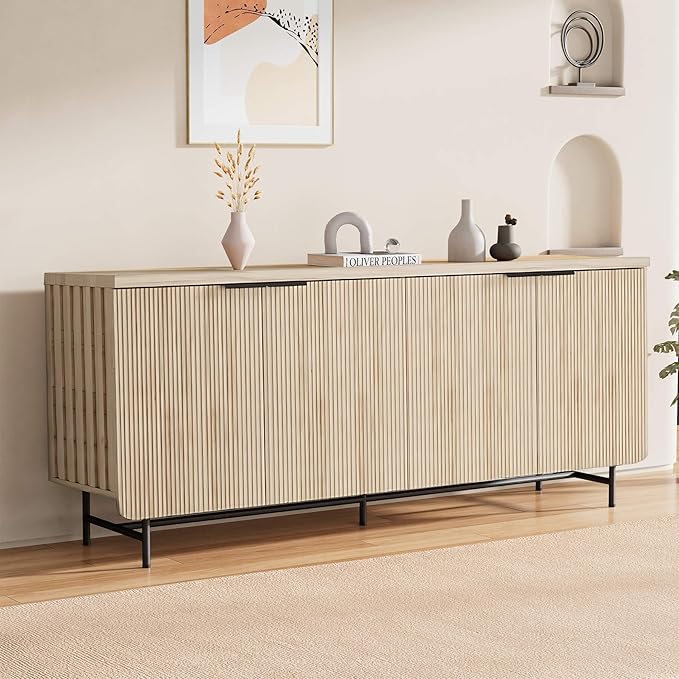 SAINTCY Mid Century Fluted TV Stand for 55/60/65/70/75 inch TV, 68" Oak ...
