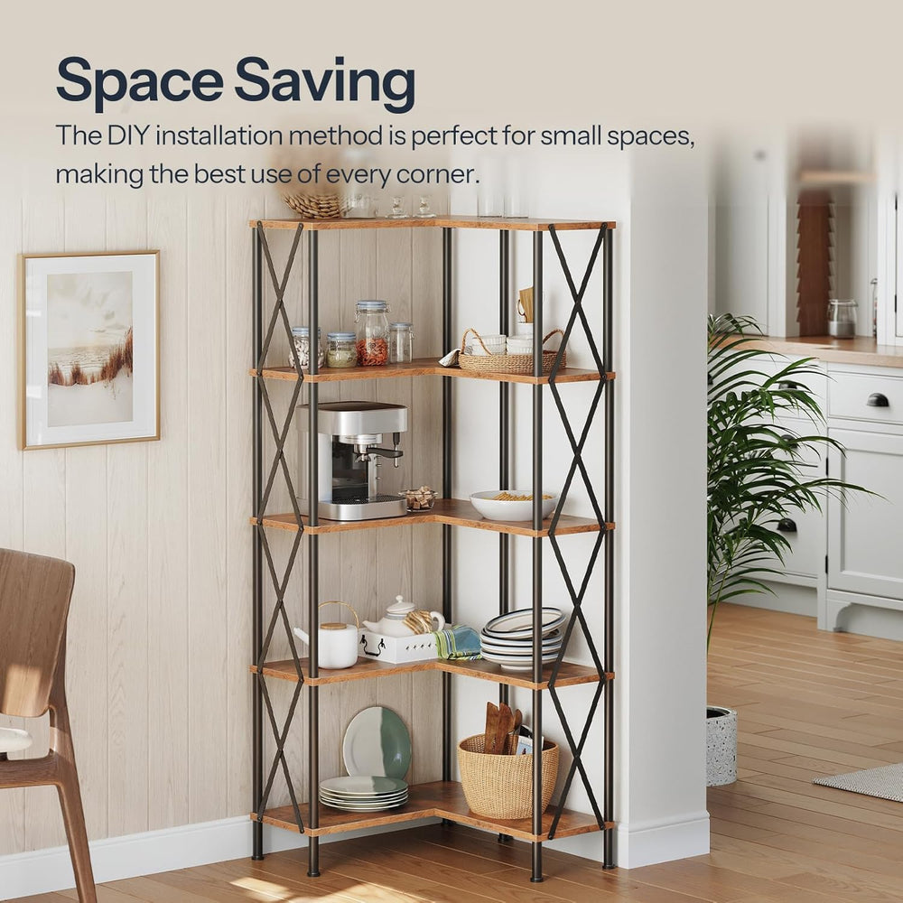HOOBRO Corner Bookshelf, 5-Tier L-Shaped Bookcase, Industrial Open Display Sh...