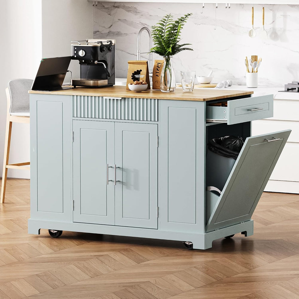 Kitchen Island with Trash Can Storage Cabinet and Power Outlet, Rolling Kitch...