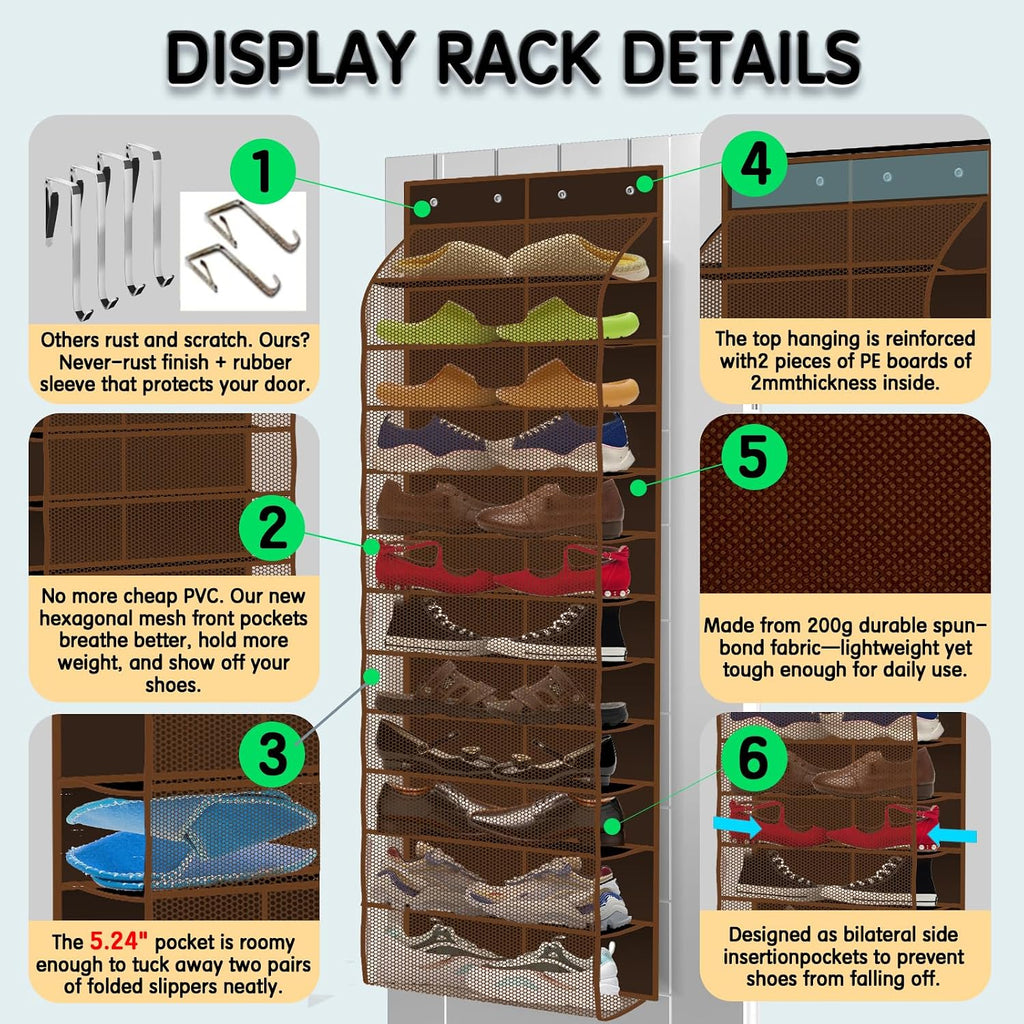 Kotkn Over The Door Shoe Organizer with 12 Large Breathable Pockets - Durable Hanging Storage for the Entire Family's Shoes (Espresso)