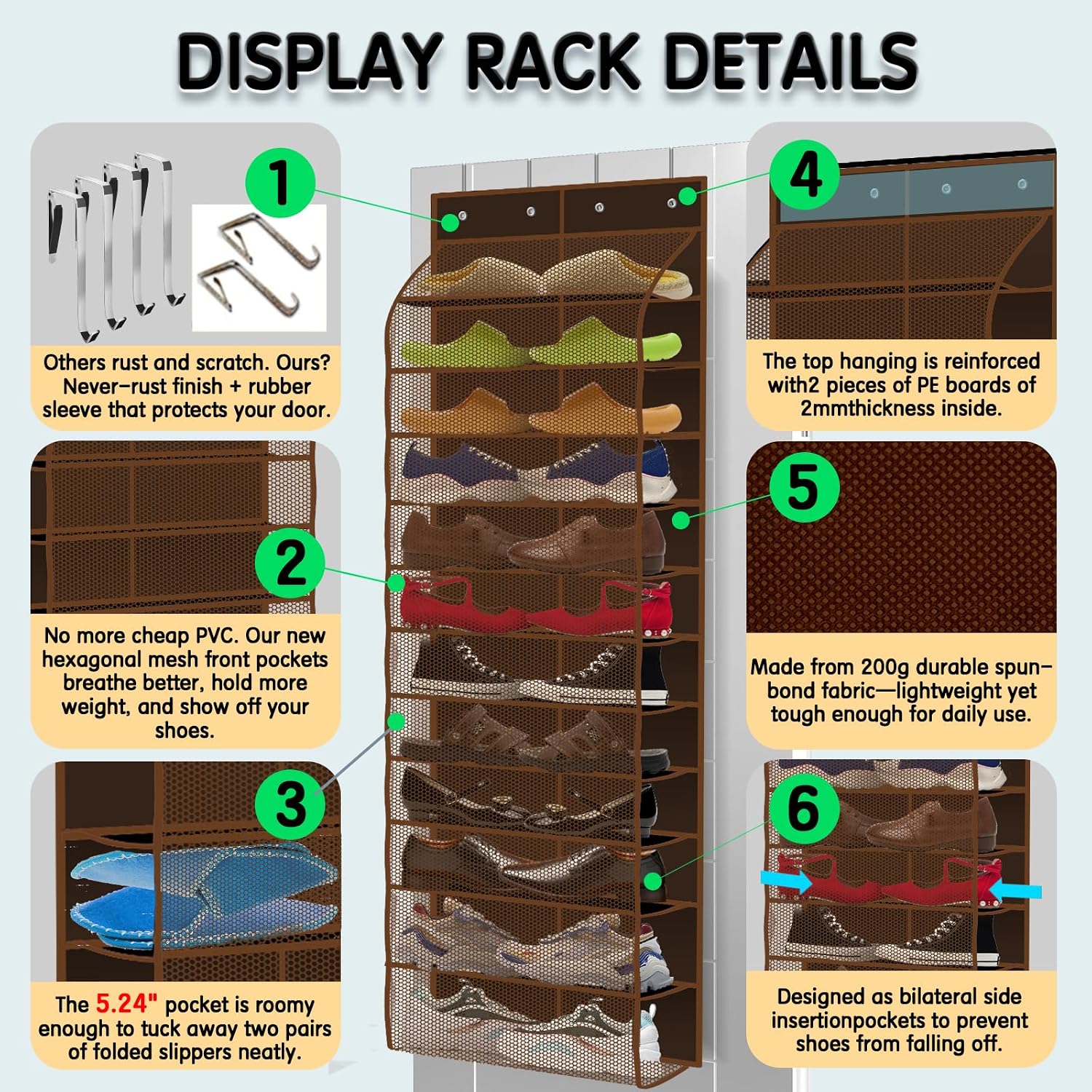 Kotkn Over The Door Shoe Organizer with 12 Large Breathable Pockets - Durable Hanging Storage for the Entire Family's Shoes (Espresso)