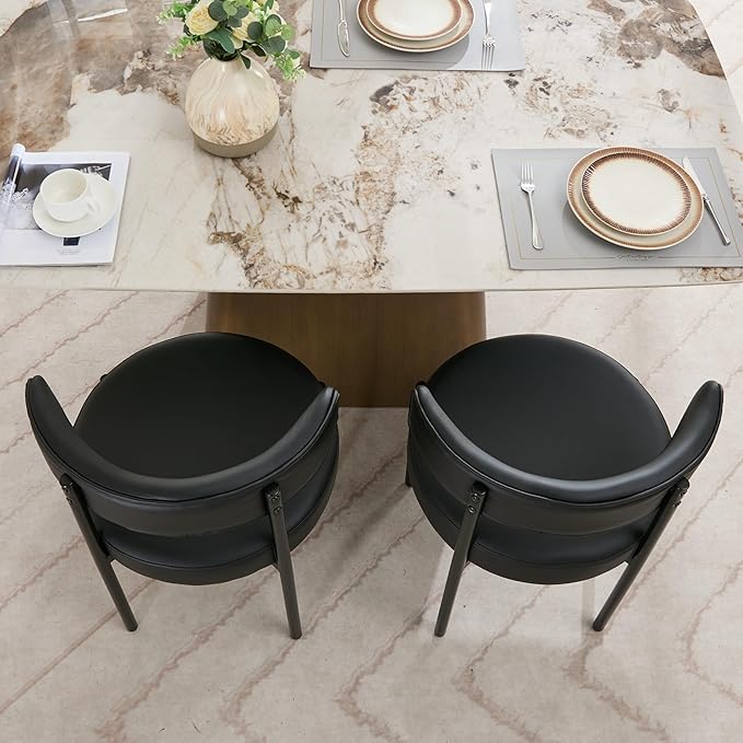 Faux Leather Dining Chairs Set of 2, Upholstered Kitchen and Dining Room Chairs, Mid-Century Modern Dining Chairs with Round Back and Black Metal Legs, Vegan Leather, Black