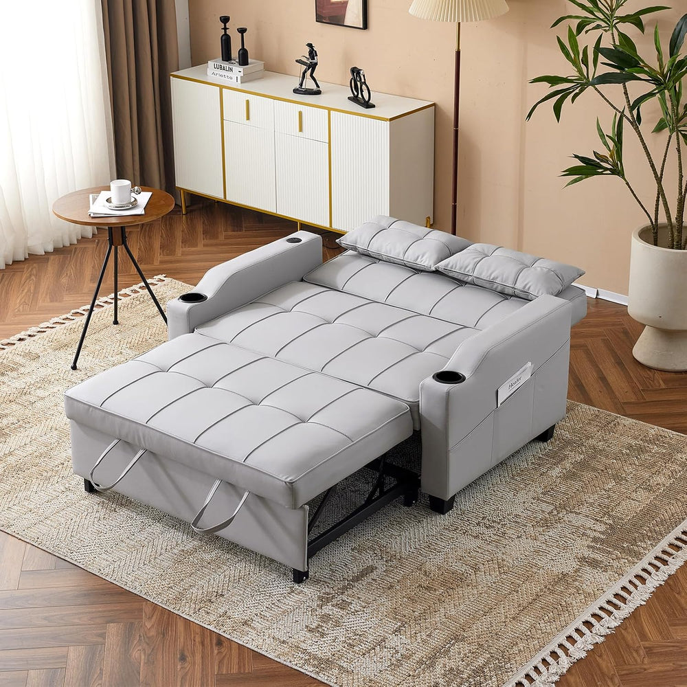 VINGLI Light Grey Futon Sofa Bed Convertible Loveseat Sleeper Couch, Faux Lea...