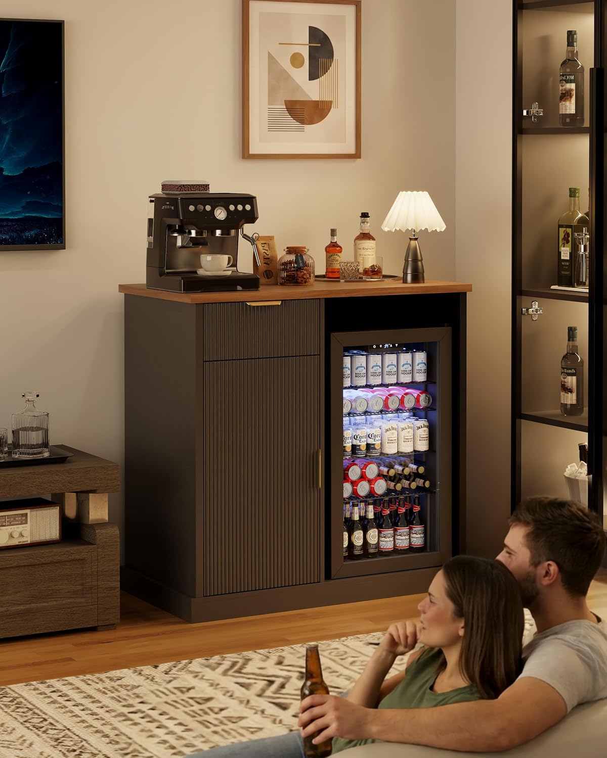 Otterease 39" Fluted Coffee Bar with Fridge Space & Power Outlet, Black | Mini Fridge Cabinet, Mini Fridge Compatible, Wine Bar Cabinet with Power Outlet, Adjustable Shelf, Buffet Sideboard, Home Bar