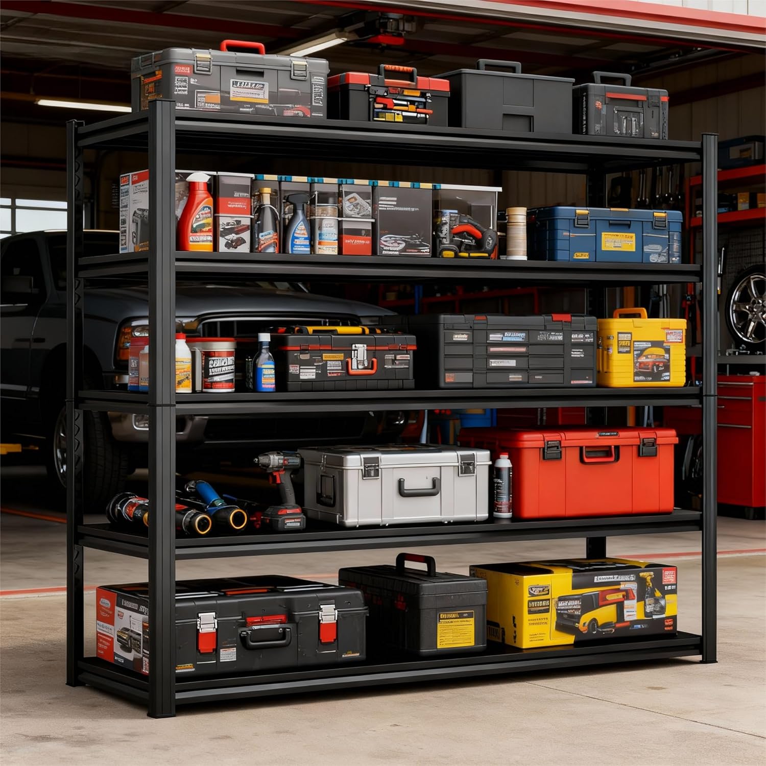 72'' Garage Storage Shelves, 5 tier Shelving Unit Metal, Adjustable, Double-Layer Column with Reinforced Ribs, Heavy-Duty, Capable of Bearing 3000 lbs, Suitable for Garage, Warehouse, Kitchen Storage