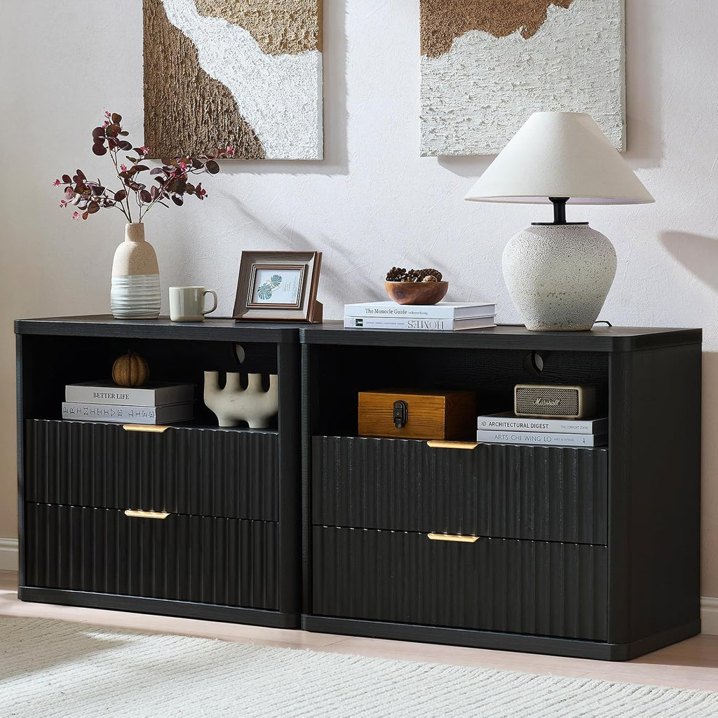 LEYAOYAO 31" Wide Fluted Night Stand Set of 2 with Charging Station, Oversized Extra Large 2 Drawers Nightstand,Black Wood Bedside Table,Tall End Tables,Modern Chest of Drawers Dressers for Bedroom