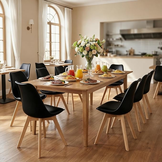 Dining Chairs Set of 8, Modern Upholstered Dining Room Chairs with PU Leather Padded Seat, Armless Kitchen Chairs with Curved Backrest and Solid Wood Legs for Dining Room, Kitchen, Apartment, Black