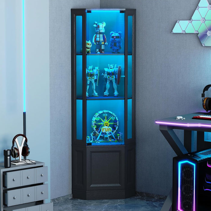 Verano Garden Corner Display Cabinet with Glass Doors, 65" Curio Cabinet w/Multi-Color LED Lights, 4-Tier Lighted Storage Display Case for Collectibles, Showcase Cabinet for Living/Game Room (Black)
