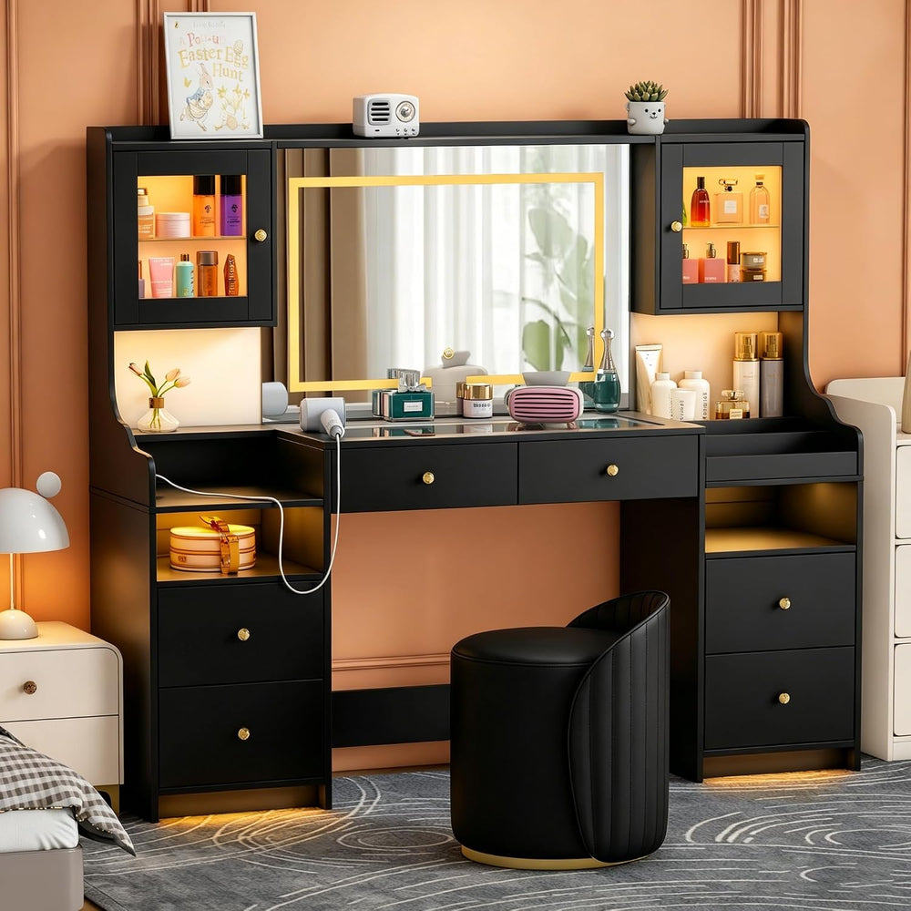 wanan 62" Large Black Vanity Desk with Glass Top, Makeup Vanity with Mir...