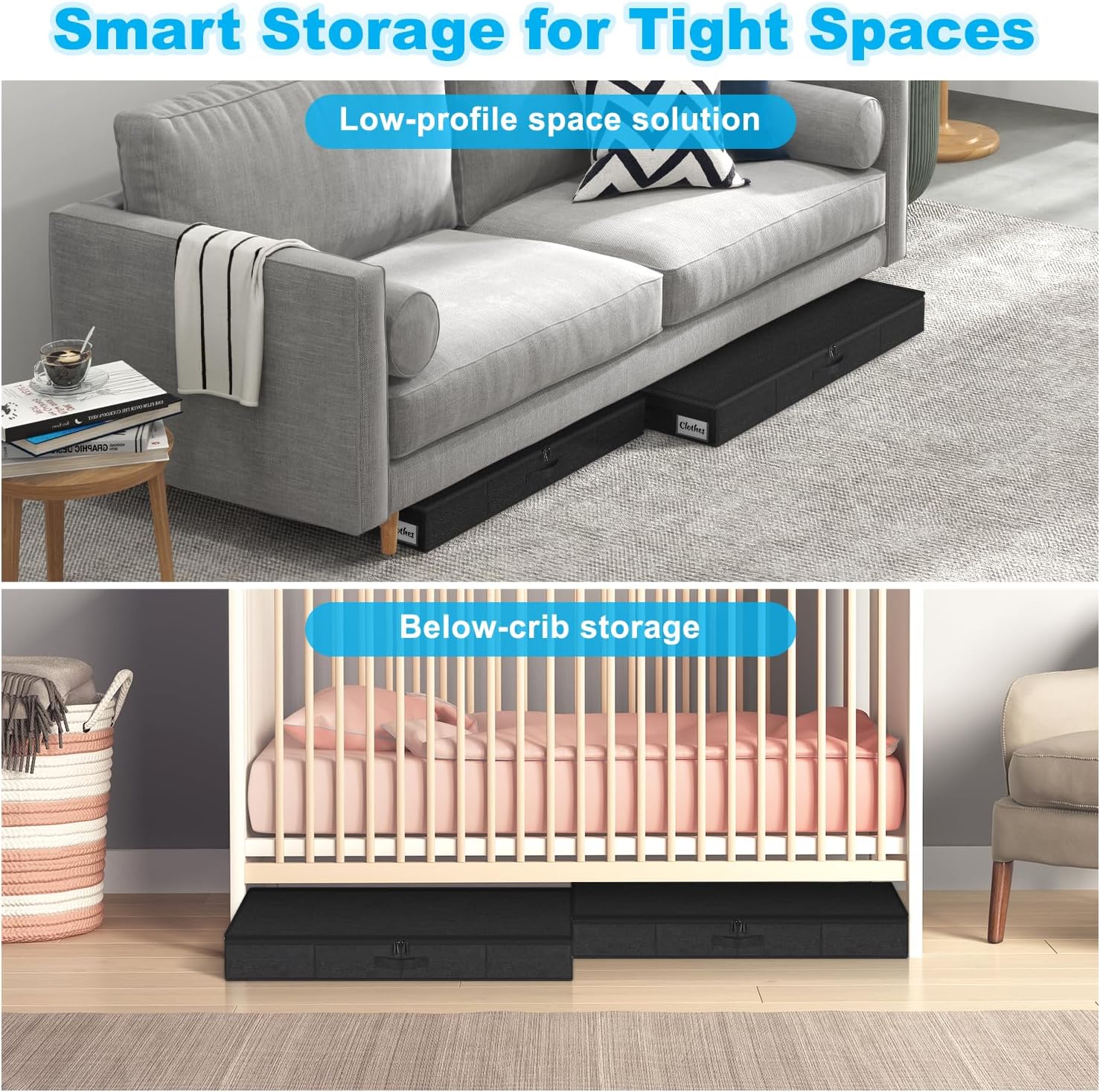 Under Bed Storage Container Bins 2 Pack, 5 Inch Thin Low Profile Underbed Clothes Storage Organizer for Dorm & Home, Use for Blanket and Toy Storage Box W/ Sturdy Bottom/Sides, Foldable Thick Fabric