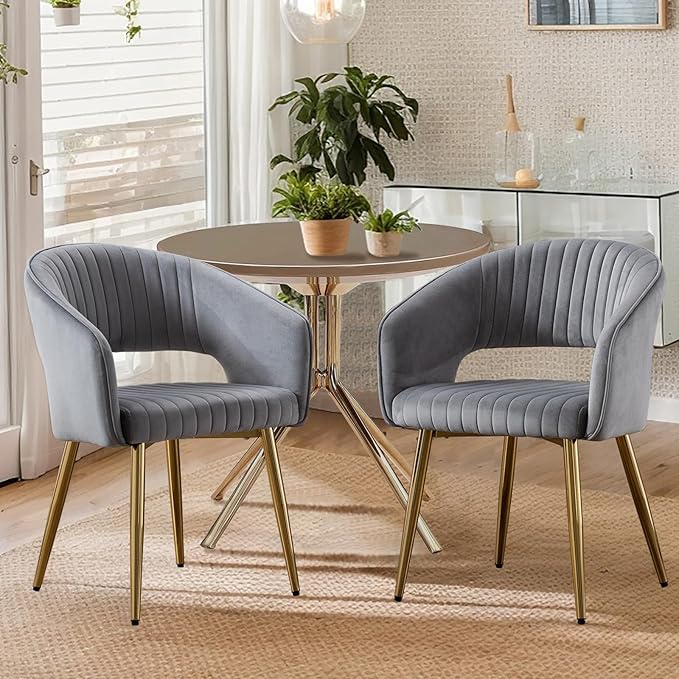 Grey Velvet Dining Chairs Gold Legs, Modern Dining Room Chairs with Arms Set of 2 Upholstered Accent Chair Armchair with Barrel Back for Kitchen Living Room