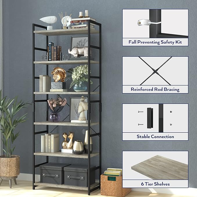 NUMENN 6 Tier Bookshelf, Tall Bookcase Shelf Storage Organizer, Modern Book S...